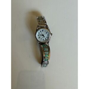 Vintage TSF Sterling Silver Lab Opal Inlay Cuff Watch Japan Quartz Movt 925